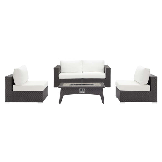 Convene 5-Piece Wicker Patio Set with Fire Pit – Espresso/White