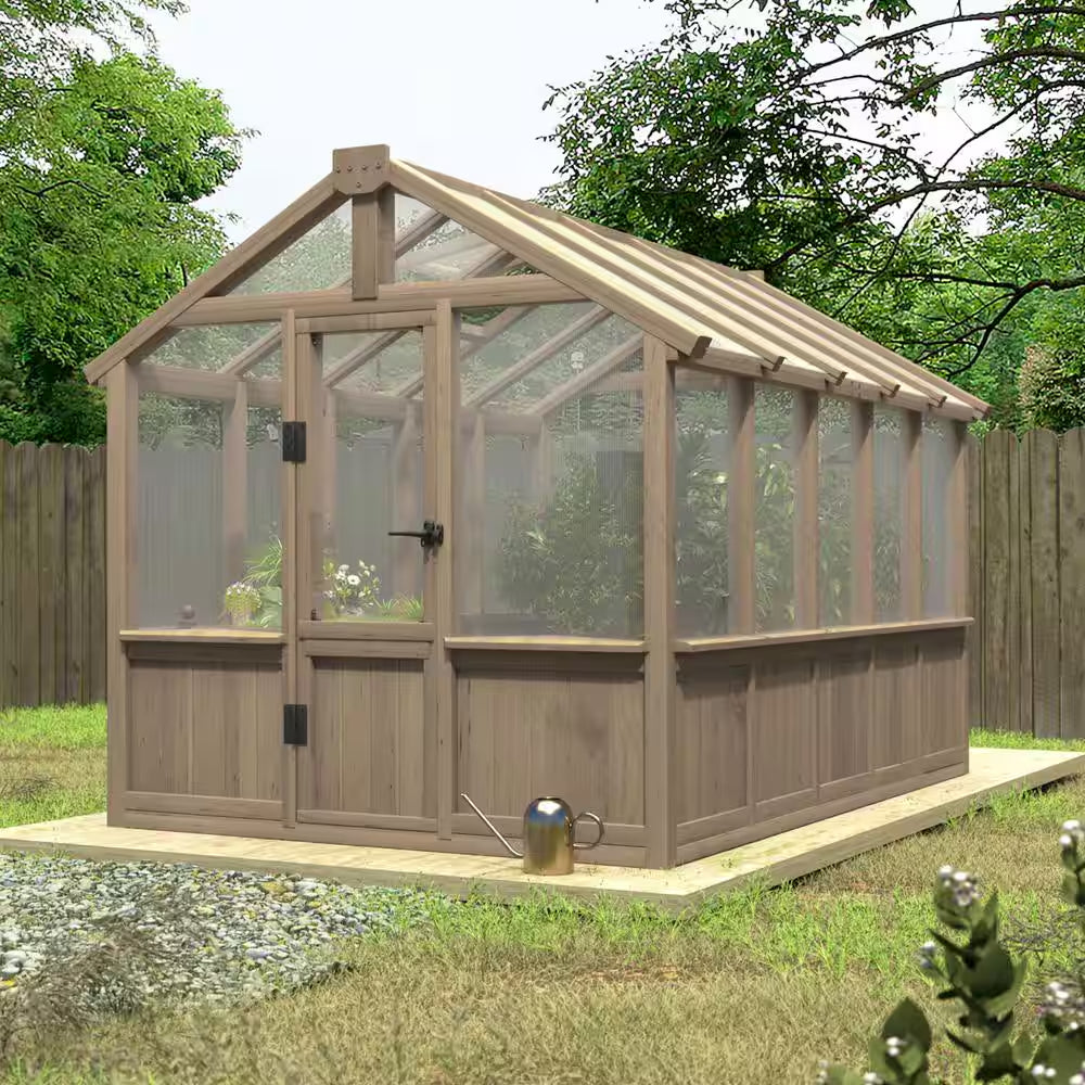 6 Ft. W X 10 Ft. D X 7 Ft. H Cedar Wood Brown Garden Plant Greenhouse for Outdoors with Multi-Layer Polycarbonate Panels