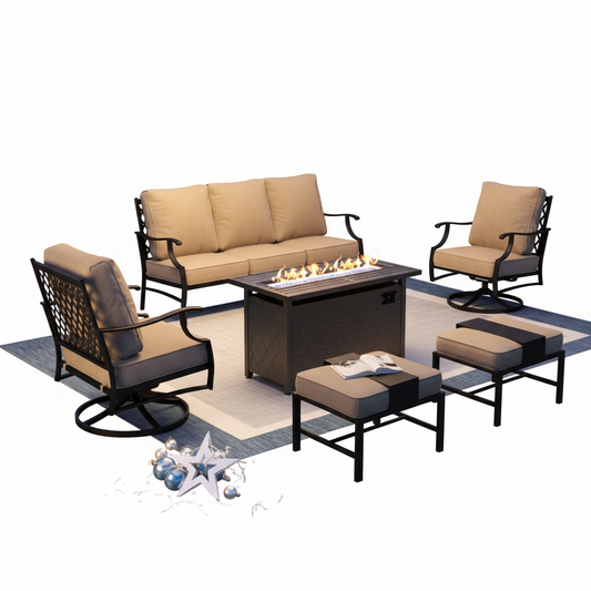 6-Piece Steel Outdoor Fire Pit Patio Set with Beige Cushions