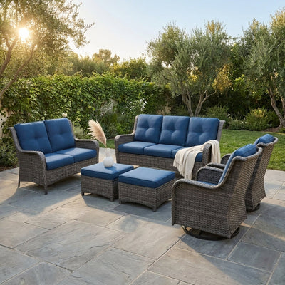 6-Piece Outdoor Patio Conversation Set with Blue Cushions