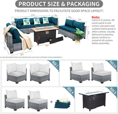 Outdoor Sectional Patio Furniture 45 in Fire Pit 9-Piece Patio Sectional Outdoor Furniture 60000 BTU Steel Propane Fire Pit Table Glass Wind Guard No-Slip 5" Cushions Waterproof Covers, Peacock Blue
