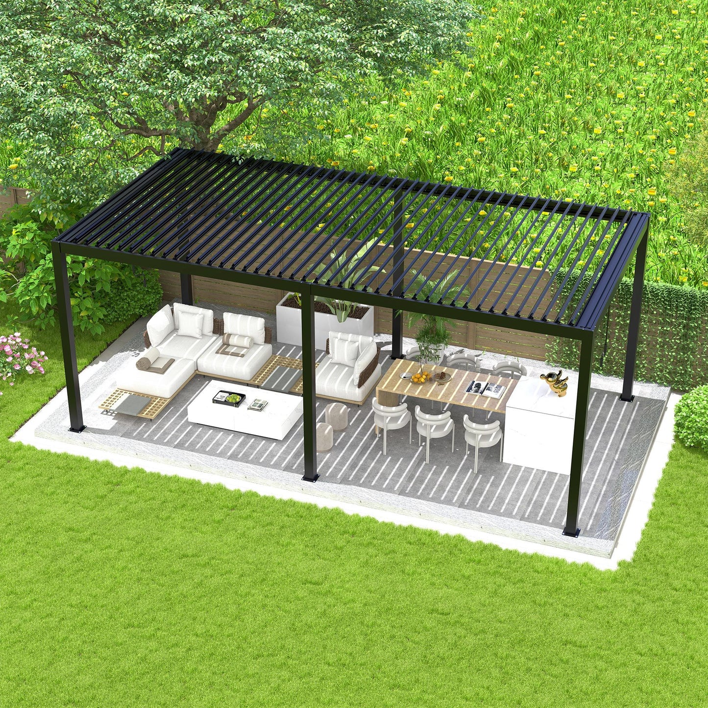 10' x 19' Adjustable Louvered Pergola with Steel Louvers &amp; Frame – Black