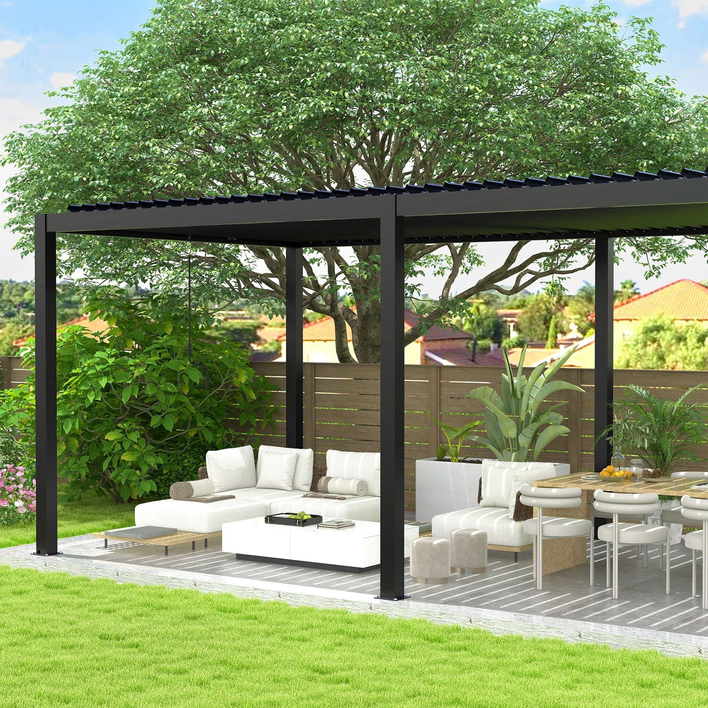 10' x 19' Adjustable Louvered Pergola with Steel Louvers &amp; Frame – Black