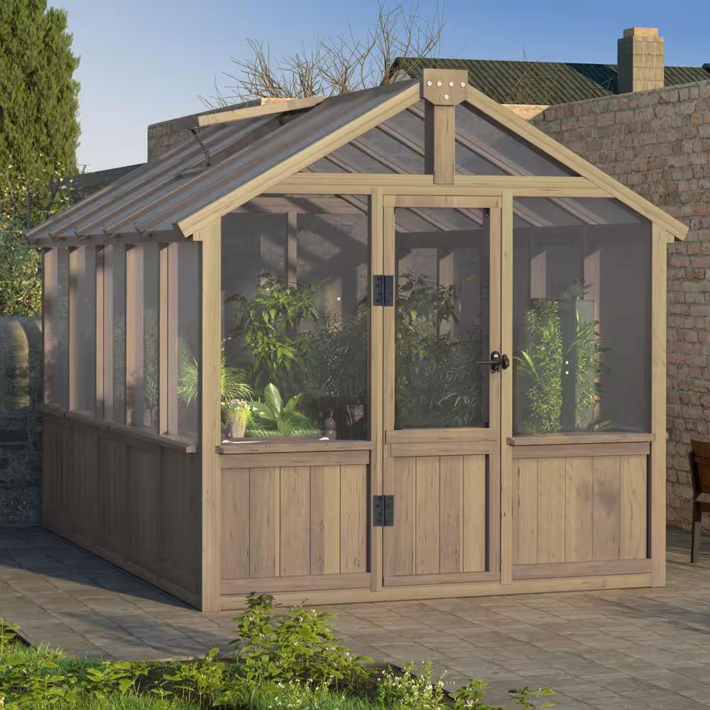 6 Ft. W X 10 Ft. D X 7 Ft. H Cedar Wood Brown Garden Plant Greenhouse for Outdoors with Multi-Layer Polycarbonate Panels