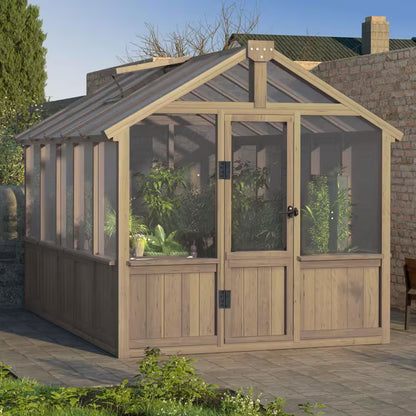 6 Ft. W X 10 Ft. D X 7 Ft. H Cedar Wood Brown Garden Plant Greenhouse for Outdoors with Multi-Layer Polycarbonate Panels