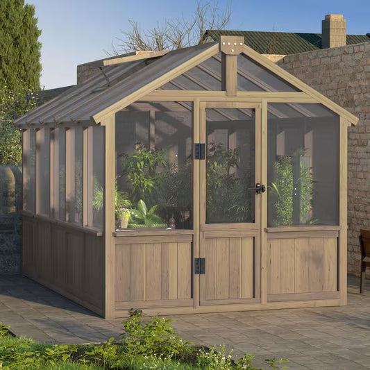 6 Ft. W X 10 Ft. D X 7 Ft. H Cedar Wood Brown Garden Plant Greenhouse for Outdoors with Multi-Layer Polycarbonate Panels