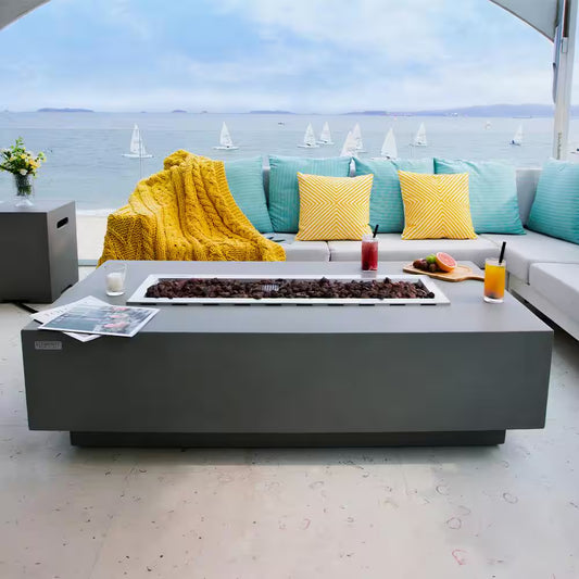 Granville Outdoor Fire Pit 60 In. X 27 In. Rectangular Concrete Propane Fire Table with Lava Rocks and Cover