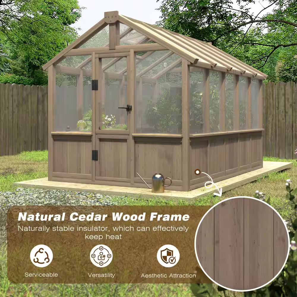 6 Ft. W X 10 Ft. D X 7 Ft. H Cedar Wood Brown Garden Plant Greenhouse for Outdoors with Multi-Layer Polycarbonate Panels