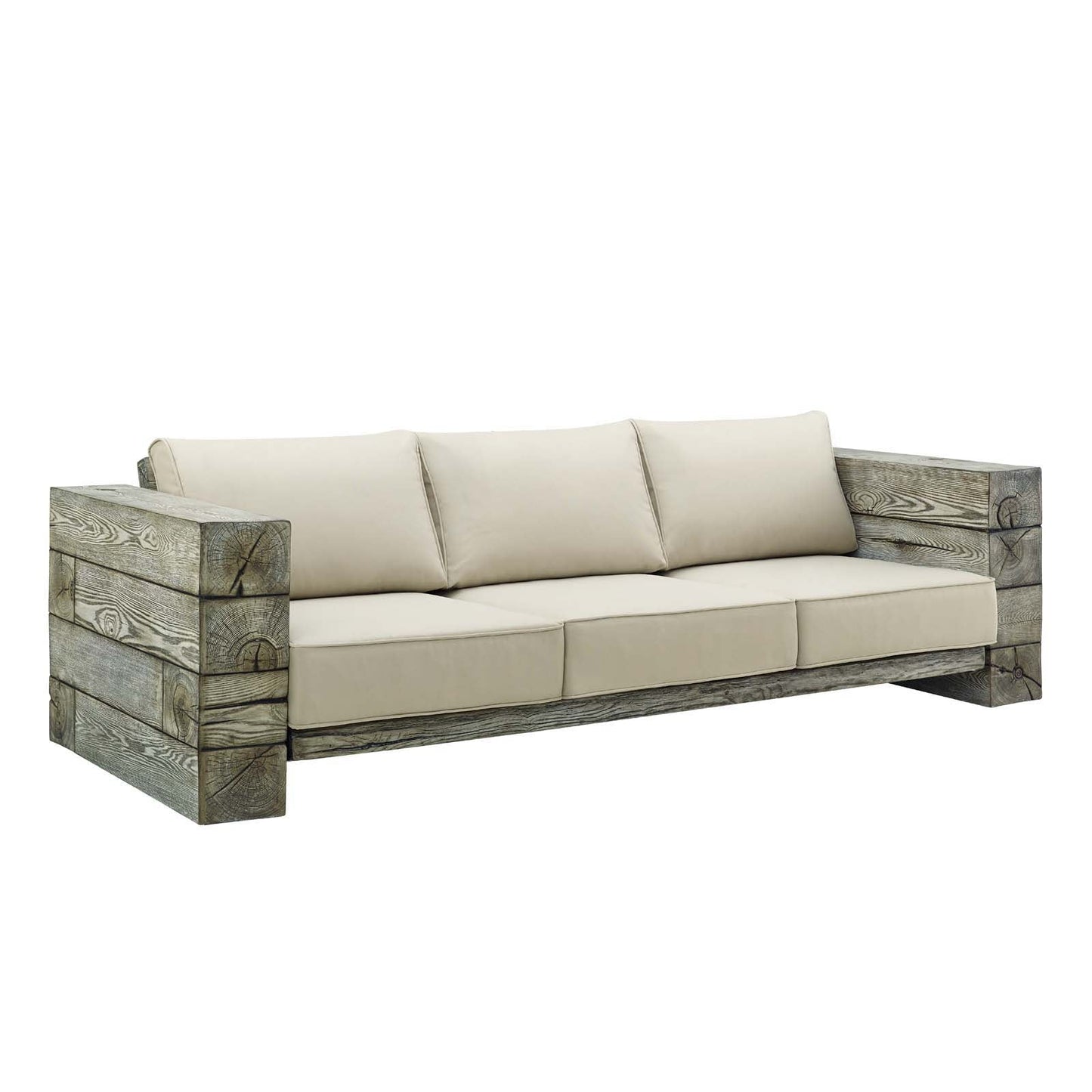 Manteo Rustic Coastal Patio Sofa &amp; Fire Pit Set – Light Gray/Beige
