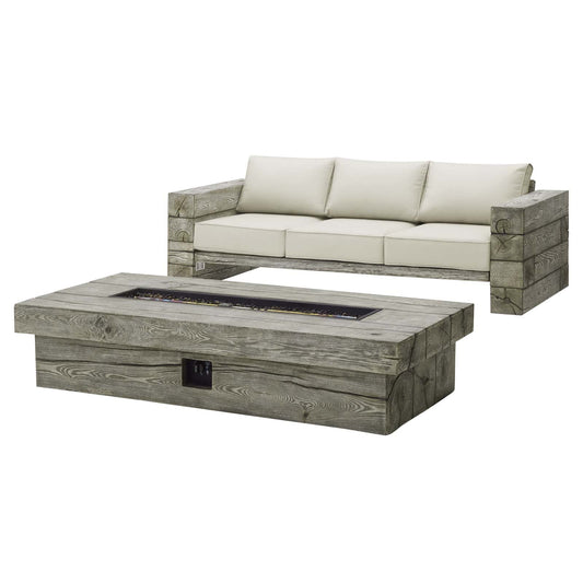 Manteo Rustic Coastal Patio Sofa &amp; Fire Pit Set – Light Gray/Beige