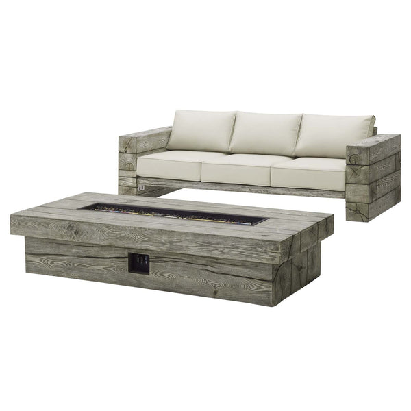 Manteo Rustic Coastal Patio Sofa &amp; Fire Pit Set – Light Gray/Beige