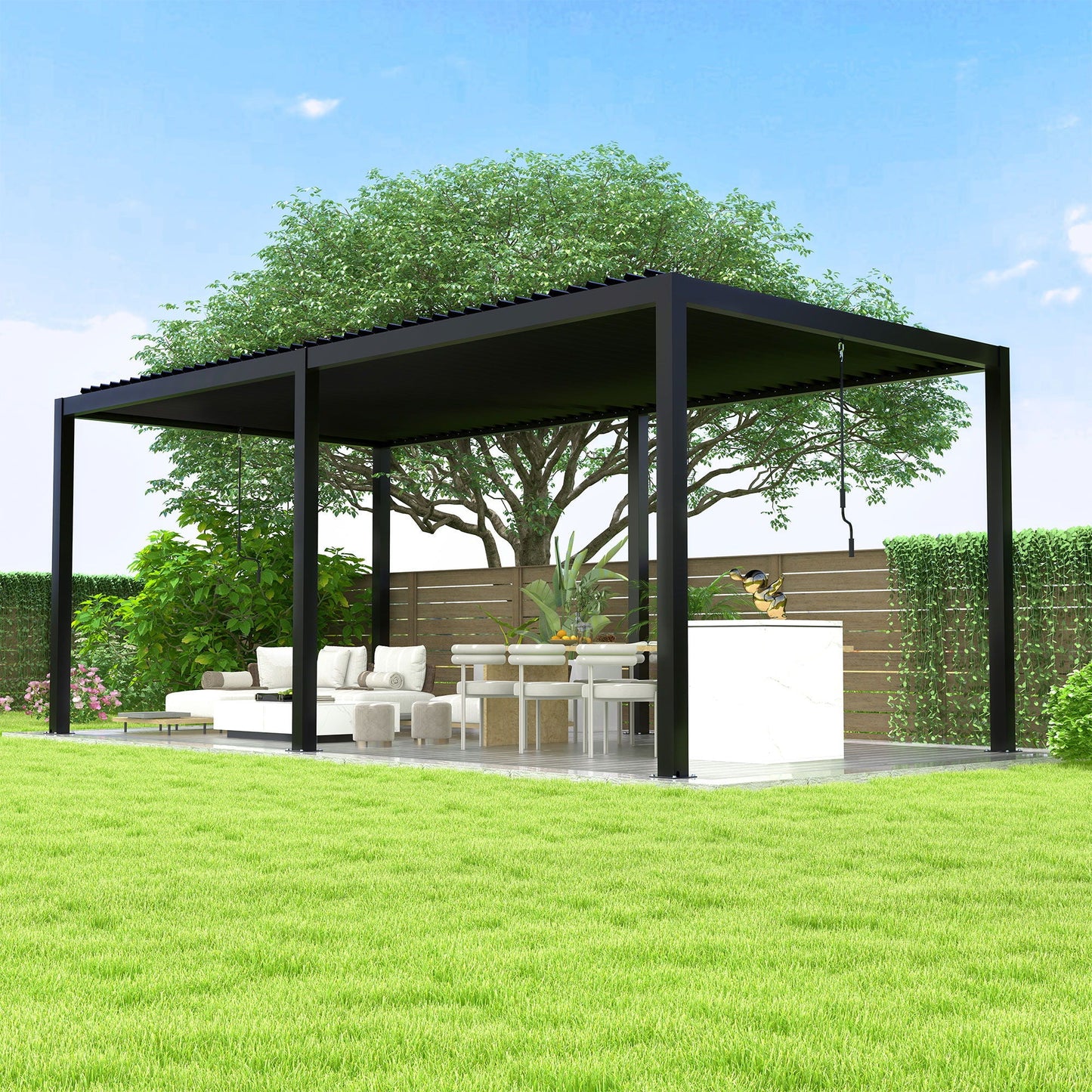 10' x 19' Adjustable Louvered Pergola with Steel Louvers &amp; Frame – Black