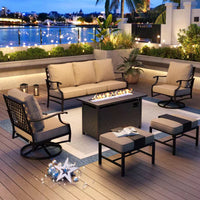 6-Piece Steel Outdoor Fire Pit Patio Set with Beige Cushions