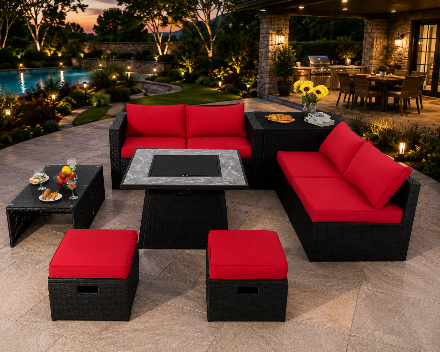9 Pieces Outdoor Wicker Sectional with 35 Inch Gas Fire Pit Table