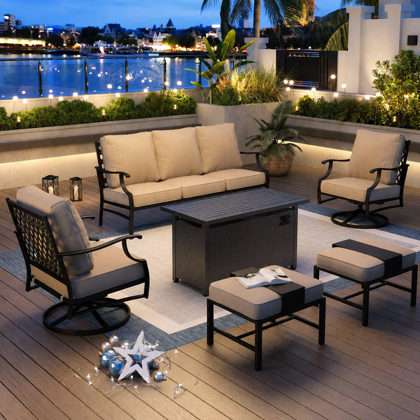 6-Piece Steel Outdoor Fire Pit Patio Set with Beige Cushions