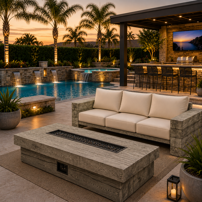 Manteo Rustic Coastal Patio Sofa &amp; Fire Pit Set – Light Gray/Beige