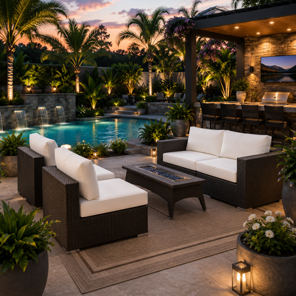 Convene 5-Piece Wicker Patio Set with Fire Pit – Espresso/White