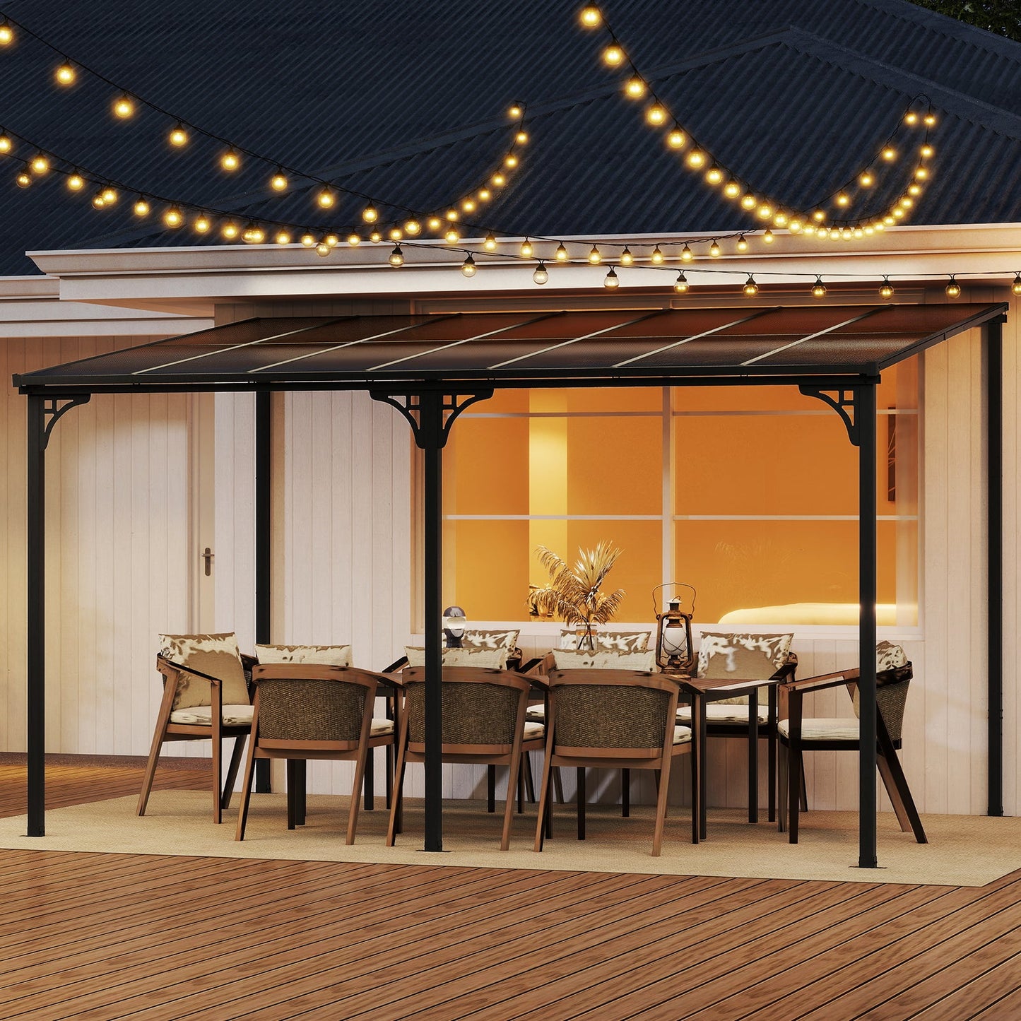 10' x 13' Wall-Mounted Hardtop Gazebo with Polycarbonate Roof – Black