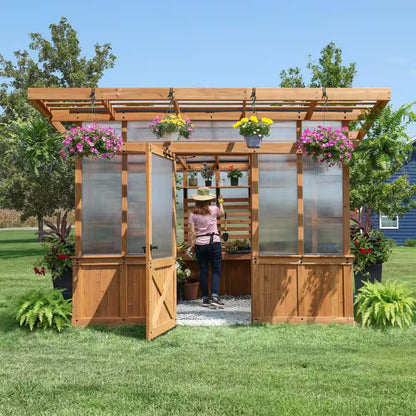 Elevate Your Gardening Experience with the Poppy 11 Ft. Cedar Wood & Polycarbonate Walk-In Greenhouse Kit - Perfect for Year-Round Plant Care!