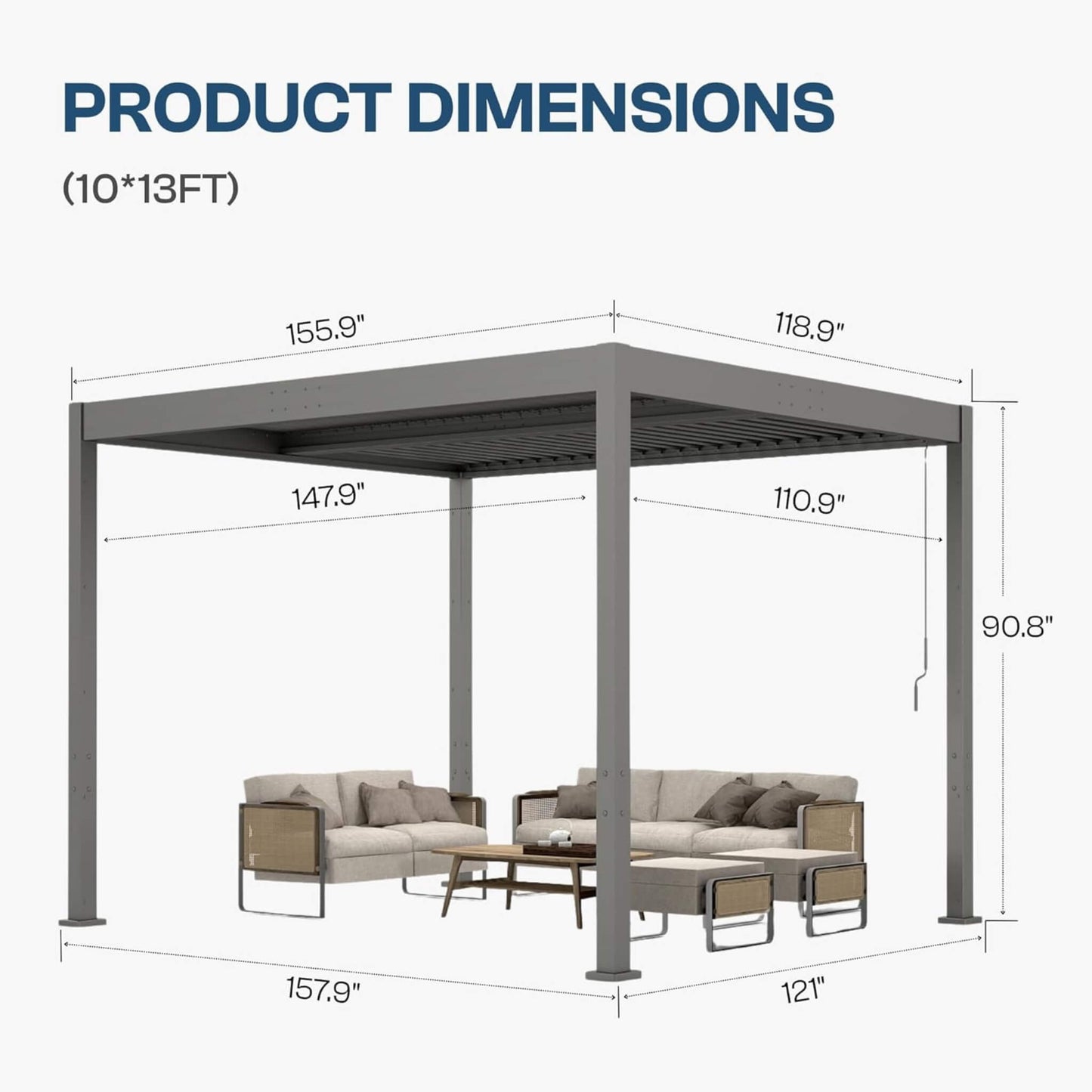 10' x 10' Alora Aluminum Louvered Pergola With Adjustable Roof & Drainage