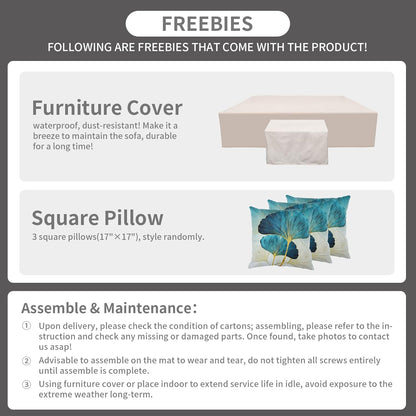 Outdoor Sectional Patio Furniture 45 in Fire Pit 9-Piece Patio Sectional Outdoor Furniture 60000 BTU Steel Propane Fire Pit Table Glass Wind Guard No-Slip 5" Cushions Waterproof Covers, Peacock Blue