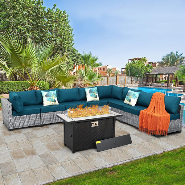 9-Piece Outdoor Patio Furniture Set with Fire Pit Table