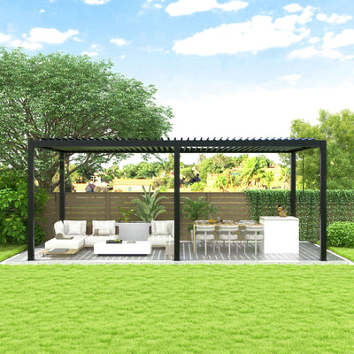 10' x 19' Adjustable Louvered Pergola with Steel Louvers &amp; Frame – Black