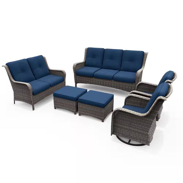 6-Piece Outdoor Patio Conversation Set with Blue Cushions