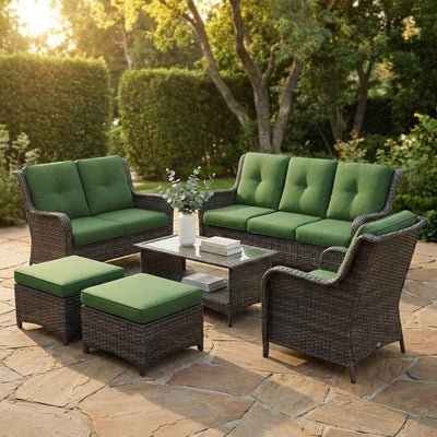 6-Piece Outdoor Patio Conversation Set with Green Cushions