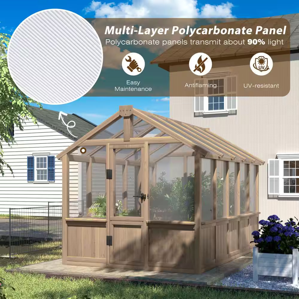 6 Ft. W X 10 Ft. D X 7 Ft. H Cedar Wood Brown Garden Plant Greenhouse for Outdoors with Multi-Layer Polycarbonate Panels