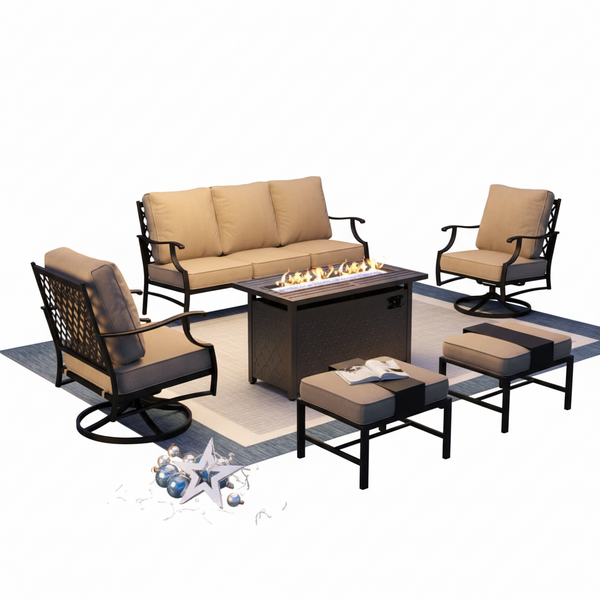 6-Piece Steel Outdoor Fire Pit Patio Set with Beige Cushions