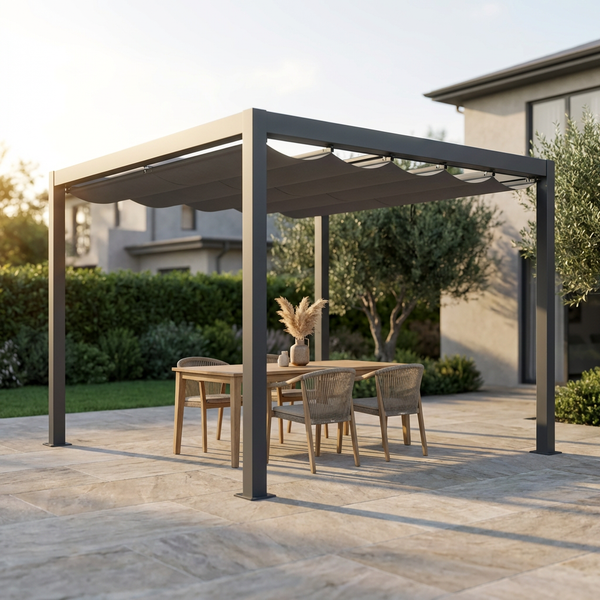 10 Ft. W X 10 Ft. D Aluminum Pergola Outdoor with Dark Gray Retractable Canopy — Studio Shot