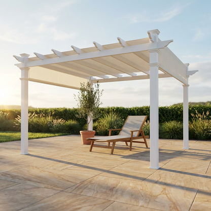 144"L X 144"W X 106"H Vinyl Monterey Canopy Pergola, White, VA42073 — Studio Shot