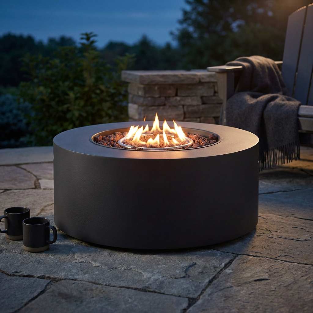 32 In. W X 13.5 In. H Iron Propane Gas Burning round Outdoor Patio Fire Pit in Dark Grey — Studio Shot