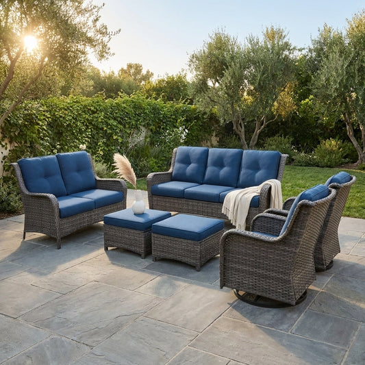 Patio Furniture Set 6-Piece Outdoor Patio Conversation Set with Blue Cushions Lawn Furniture — Studio Shot