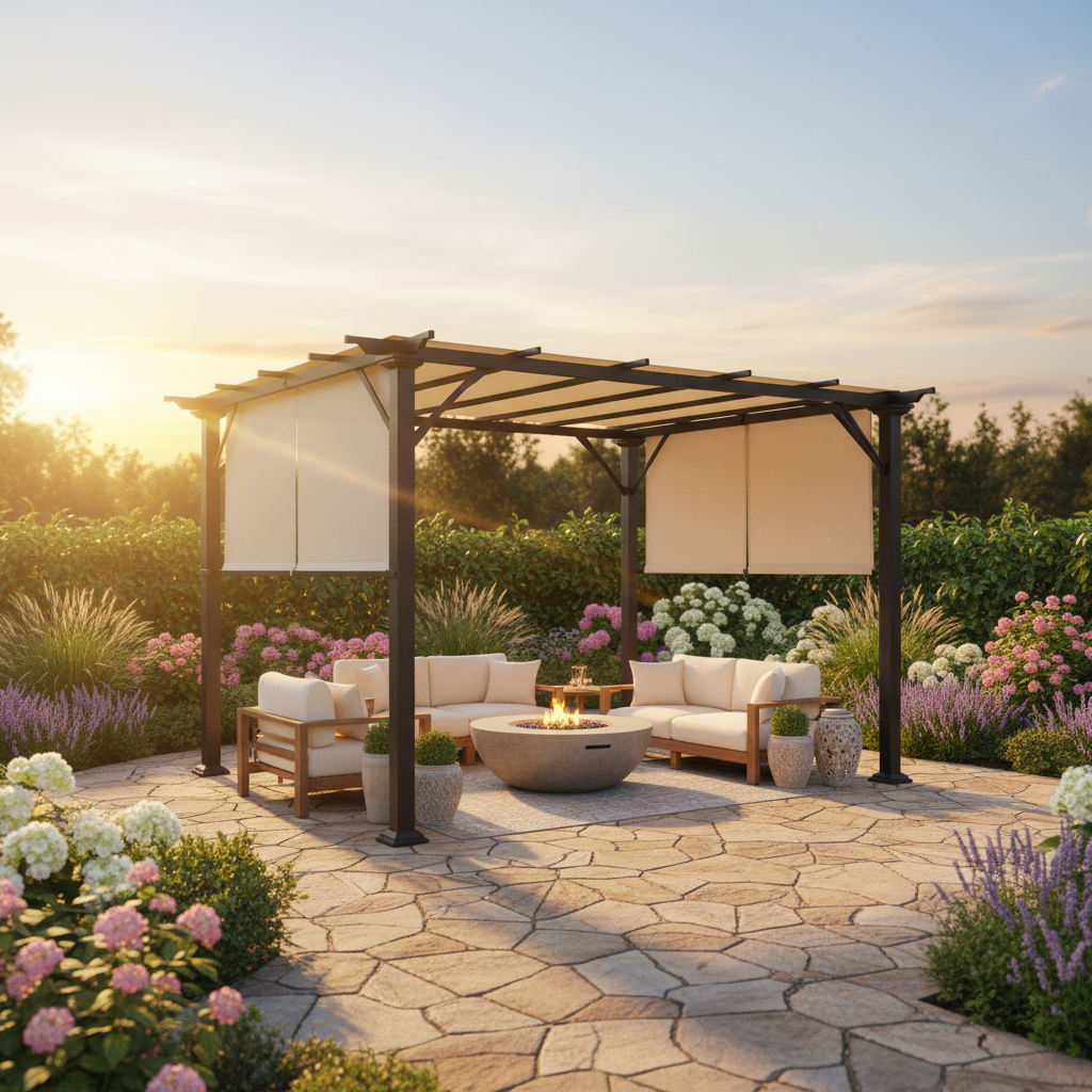 10' x 10' Steel Pergola – Beige Canopy