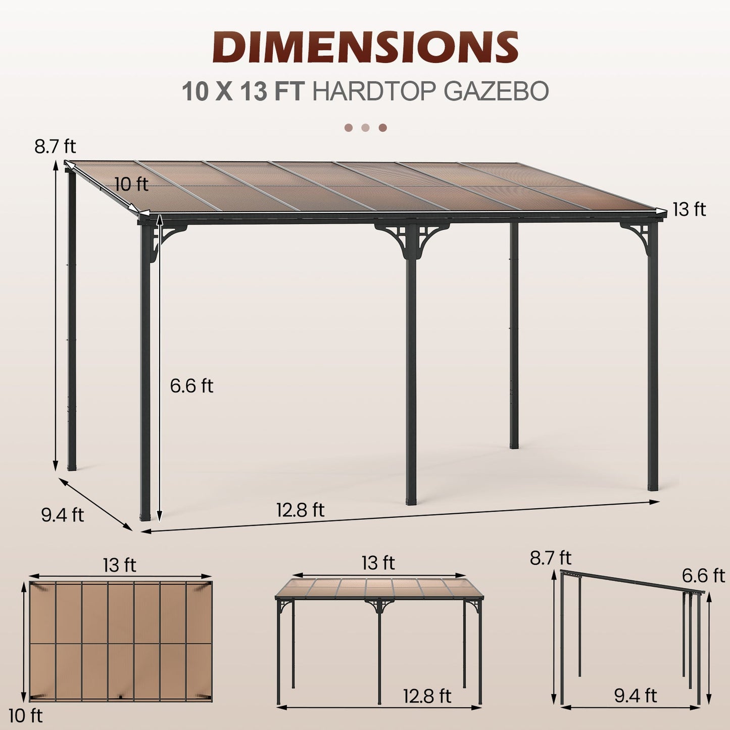 10' x 13' Wall-Mounted Hardtop Gazebo with Polycarbonate Roof – Black