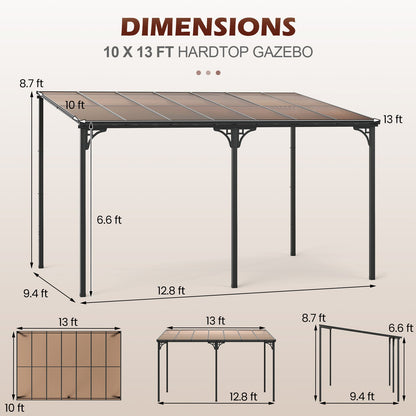 10' x 13' Wall-Mounted Hardtop Gazebo with Polycarbonate Roof – Black